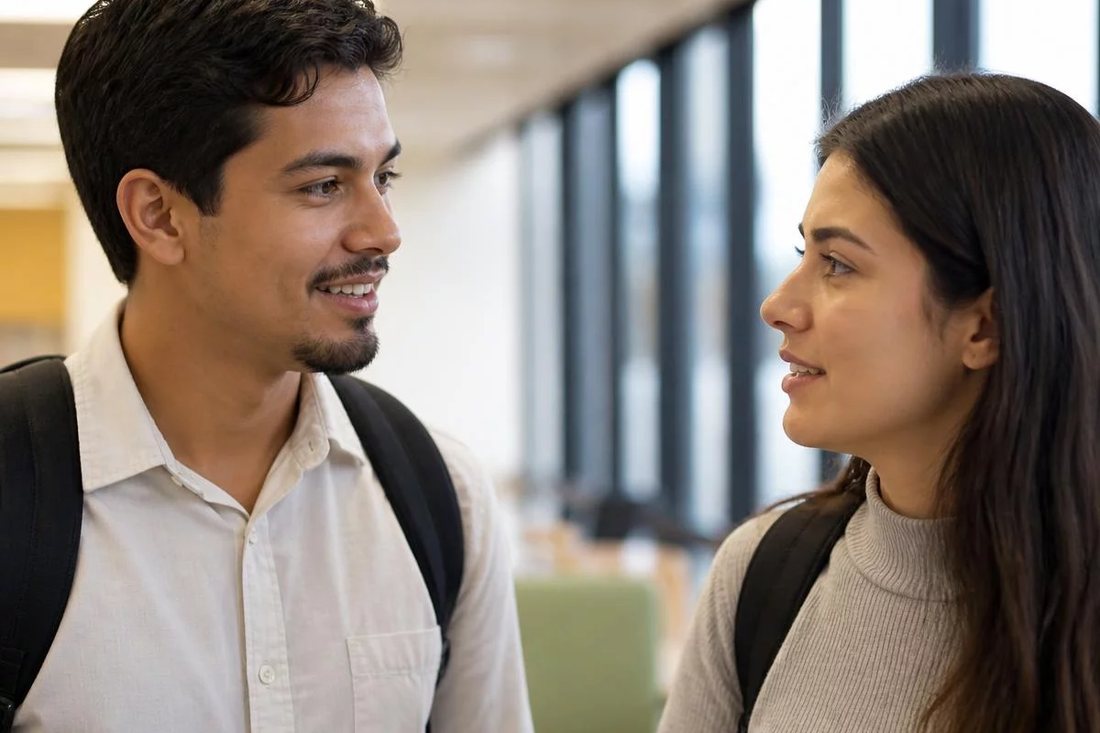 Dois estudantes de mochila continuam a discussão no corredor depois da sessão