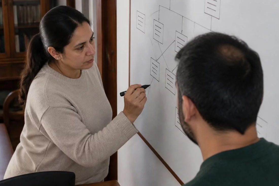 Facilitadora aponta para um mapa de argumento desenhado no quadro branco enquanto um participante acompanha