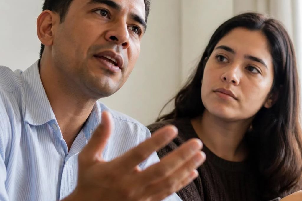 Três participantes conversam ao redor de uma mesa comprida numa sala clara de janelas altas
